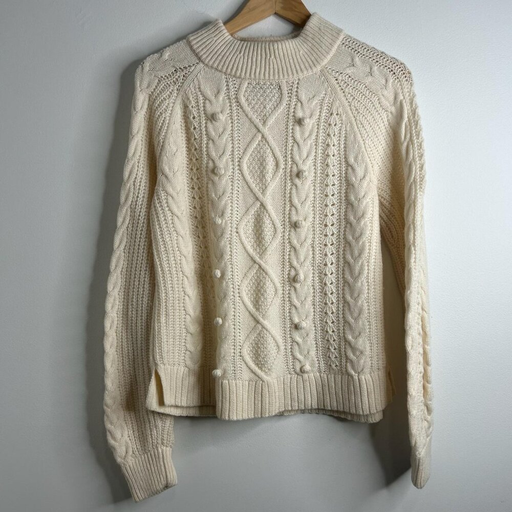 J Crew Sweater Womens Medium Ivory Cable Knit Fisherman Bobble Lambswool Blend‎